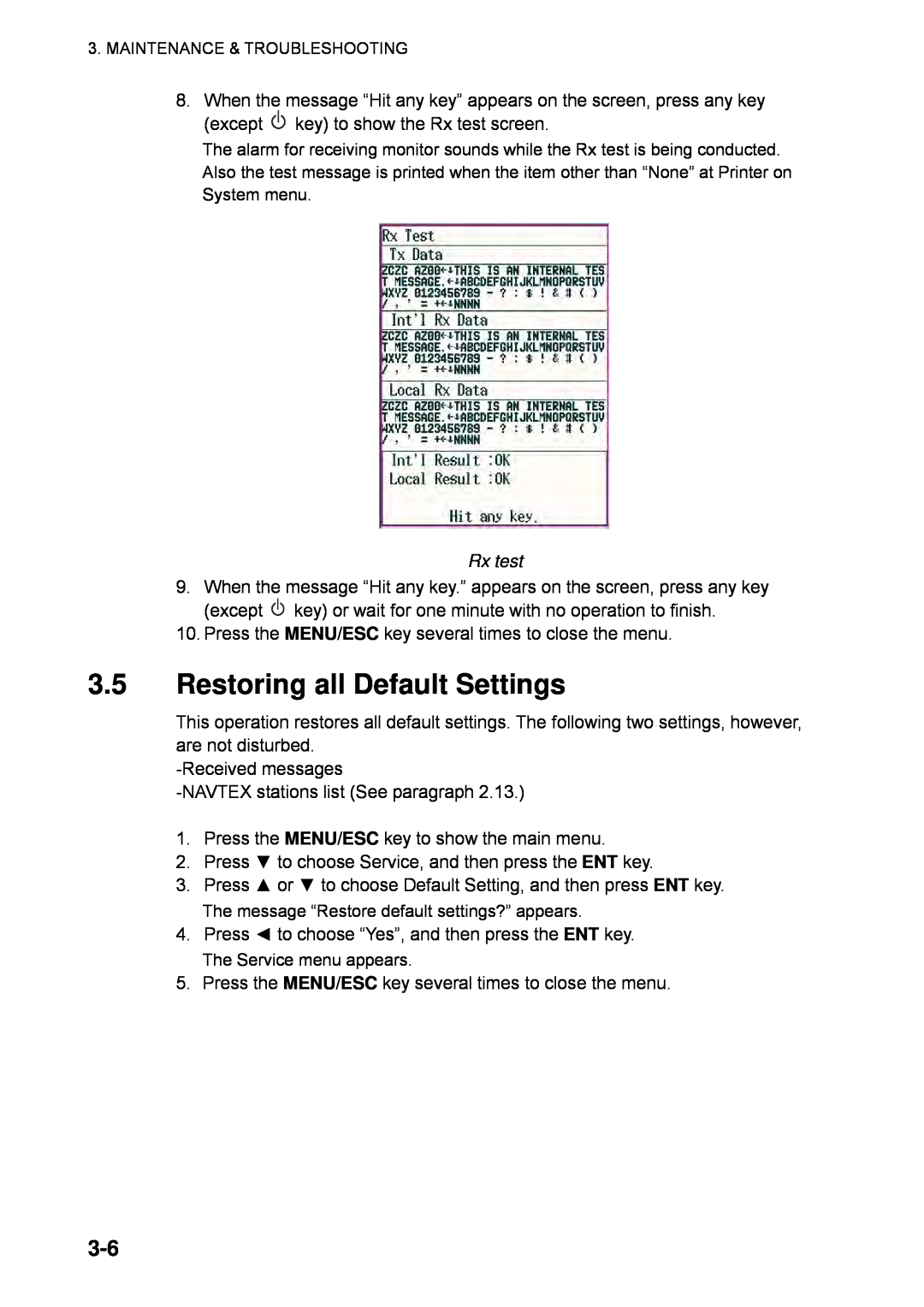Furuno NX-700B manual 3.5Restoring all Default Settings, Rx test 