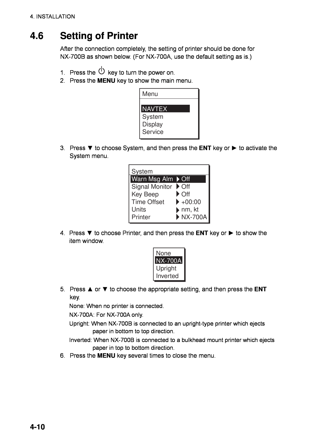 Furuno NX-700B manual 4.6Setting of Printer, 4-10, Warn Msg Alm, NX-700A, Navtex 