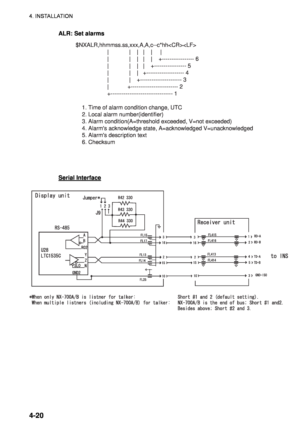 Furuno NX-700B manual 4-20, ALR: Set alarms, Serial Interface 