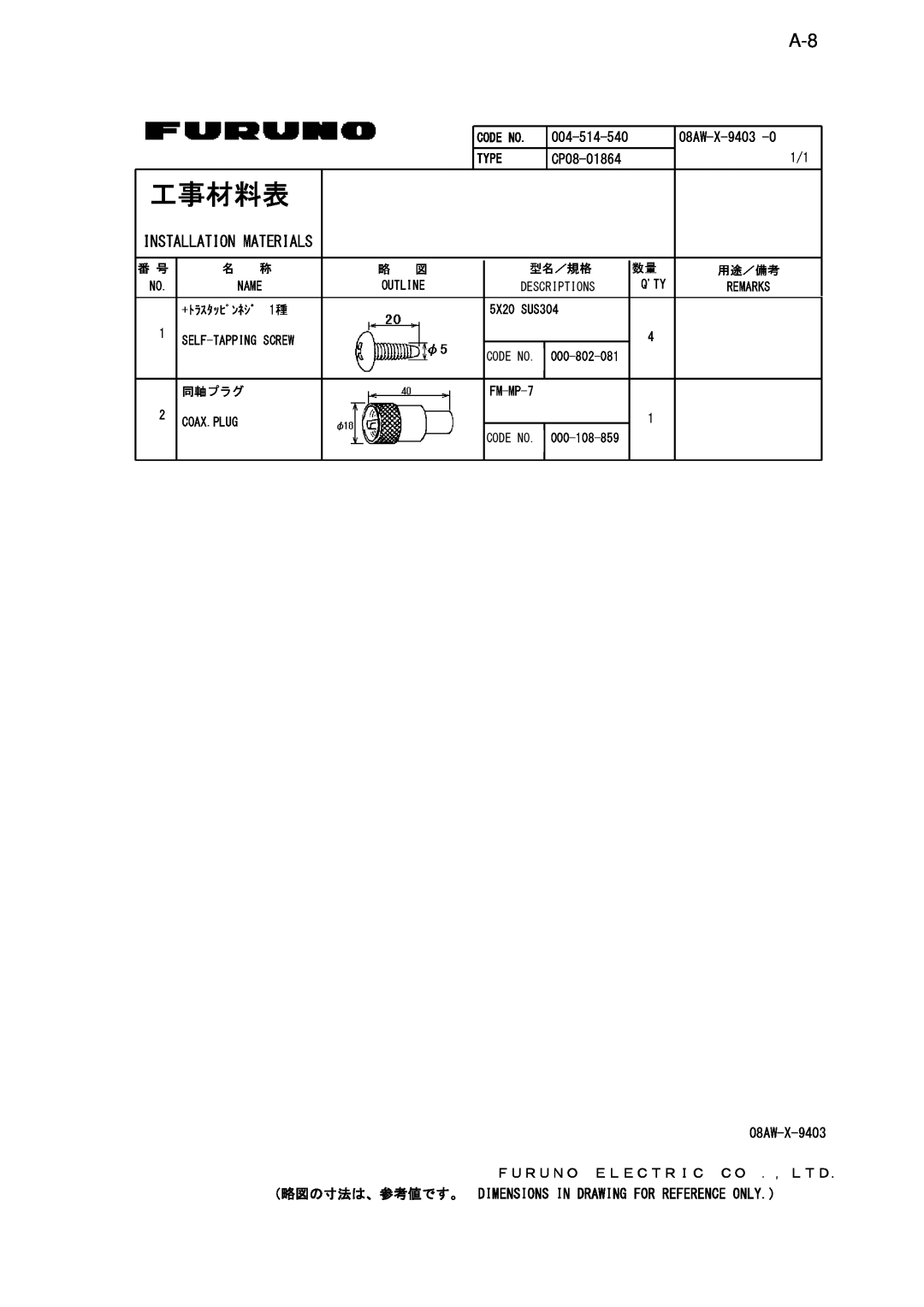 Furuno NX-700B manual 工事材料表, 004-514-540, CP08-01864, Installation Materials, 08AW-X-9403 ＦＵＲＵＮＯ ＥＬＥＣＴＲＩＣ ＣＯ ．，ＬＴＤ 