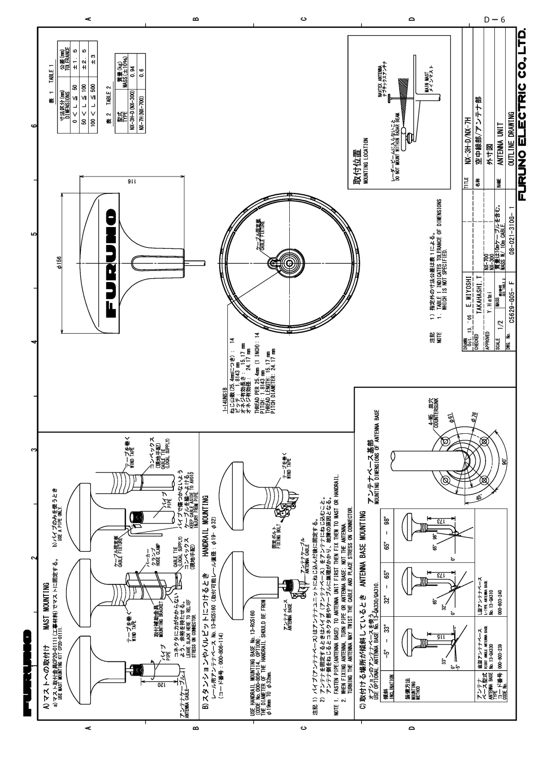 Furuno NX-700B manual 取付位置, Ｄ-ー６６ 