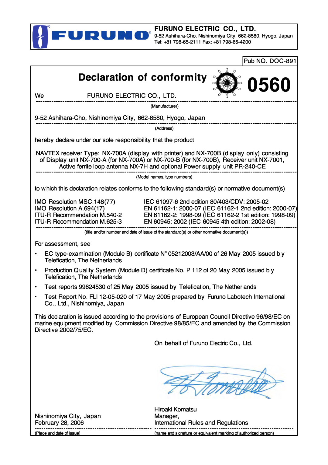 Furuno NX-700B manual Furuno Electric Co., Ltd, 0560, Declaration of conformity 