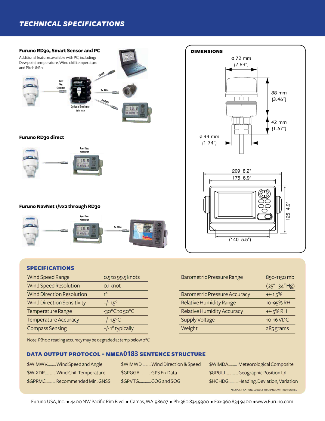 Furuno PB100 manual Technical specifications, Specifications, Data output protocol nmea0183 sentence structure 