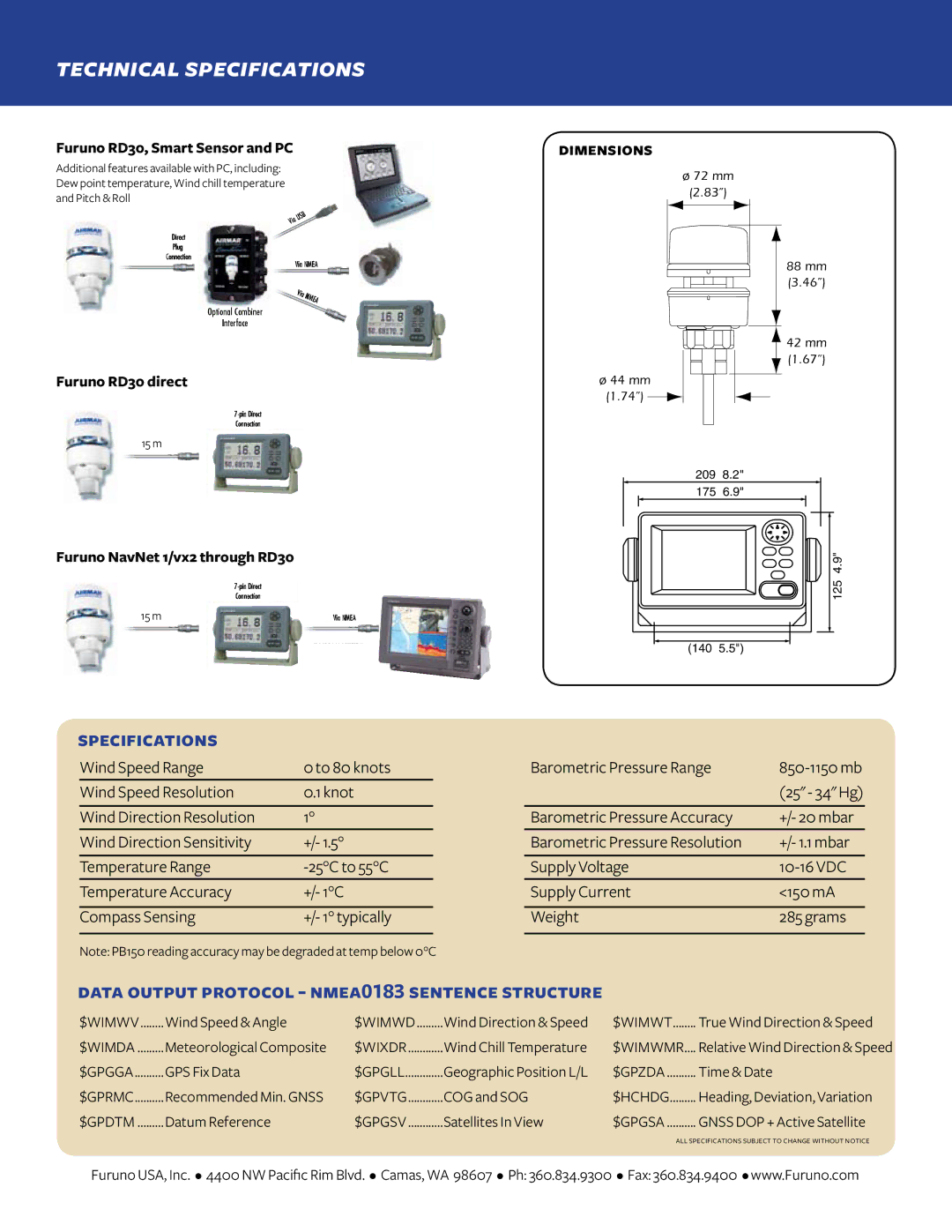 Furuno PB150 manual Technical specifications, Specifications, Data output protocol nmea0183 sentence structure 