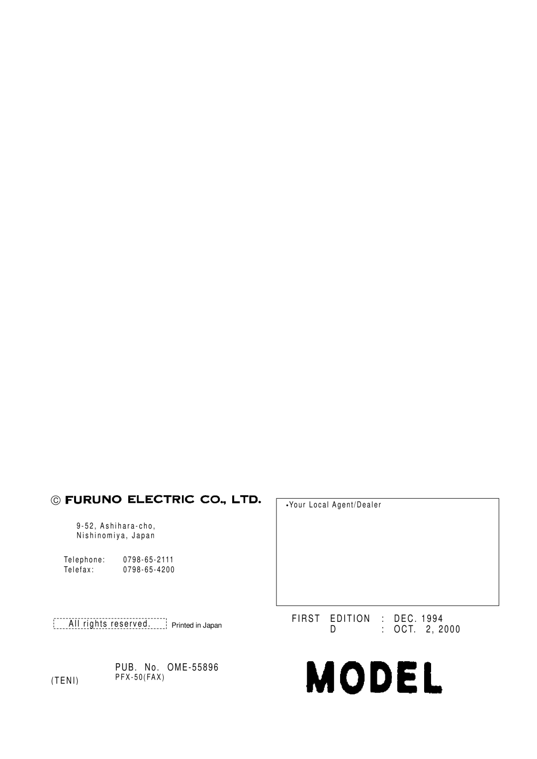 Furuno PFX-50 installation instructions First Edition 