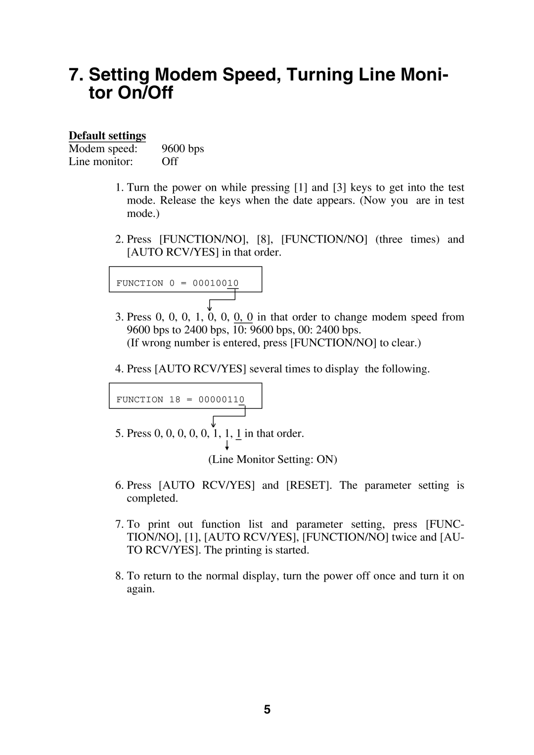 Furuno PFX-50 installation instructions Setting Modem Speed, Turning Line Moni- tor On/Off 