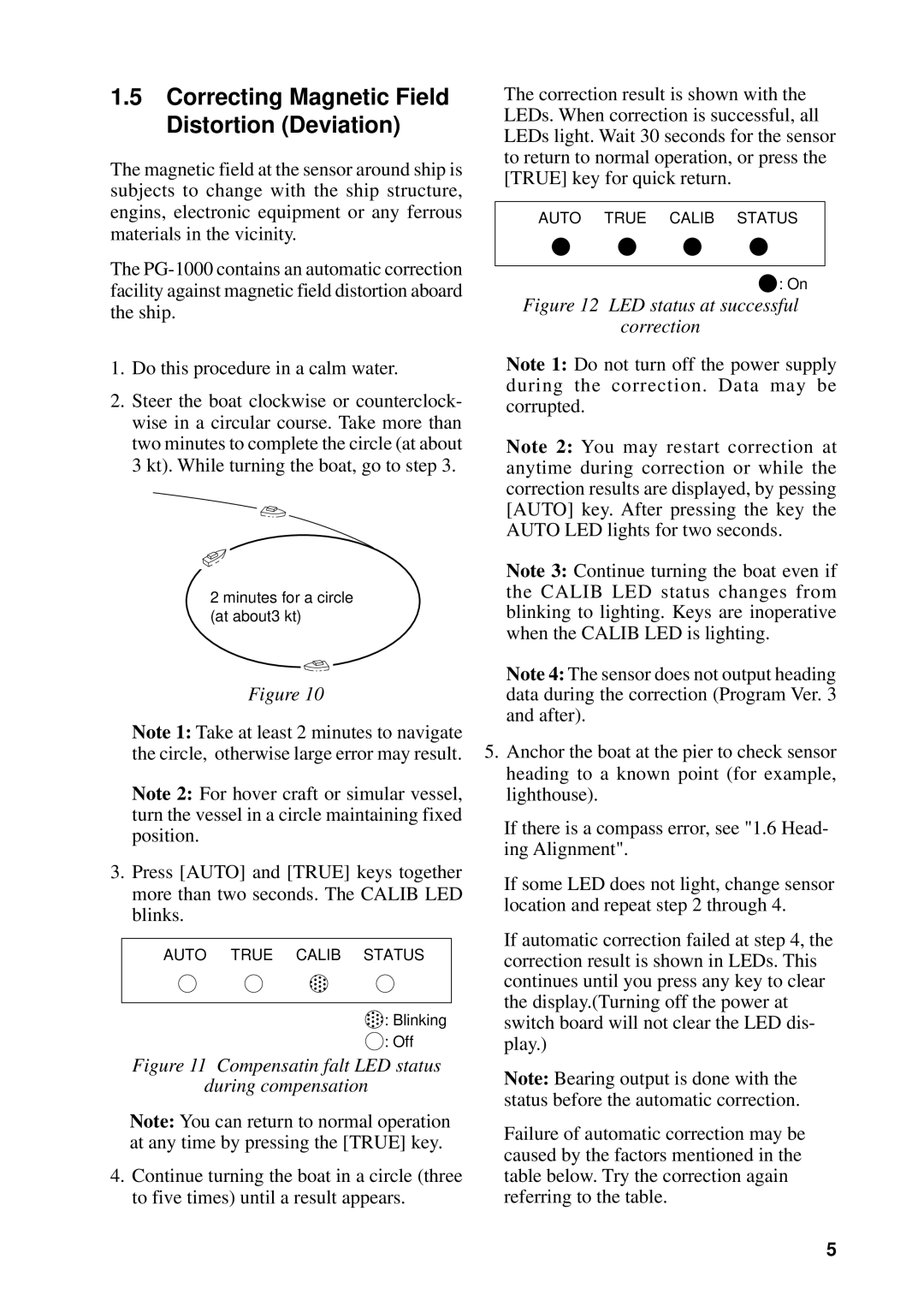 Furuno PG-1000 manual Correcting Magnetic Field Distortion Deviation, LED status at successful Correction 