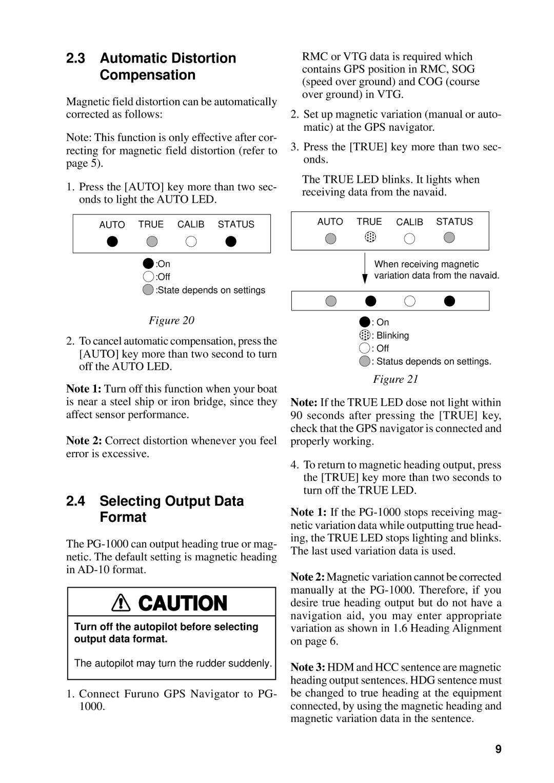 Furuno PG-1000 manual Automatic Distortion Compensation, Selecting Output Data Format, Connect Furuno GPS Navigator to PG 