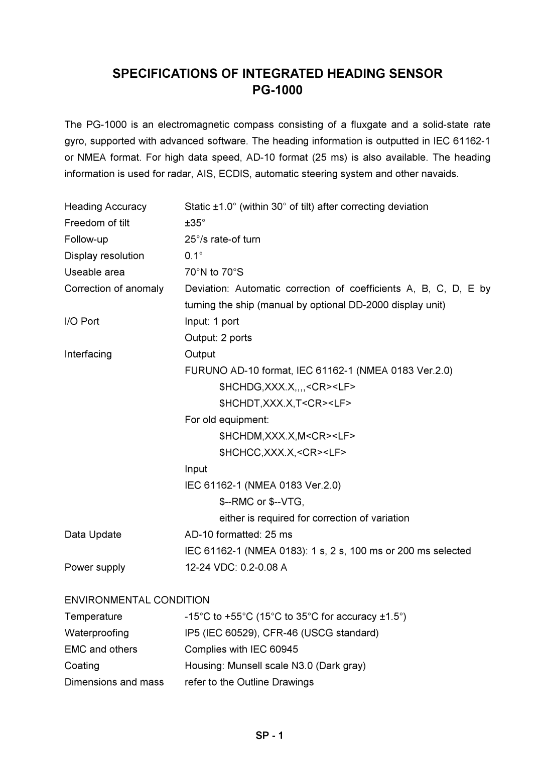 Furuno PG-1000 manual Specifications of Integrated Heading Sensor 