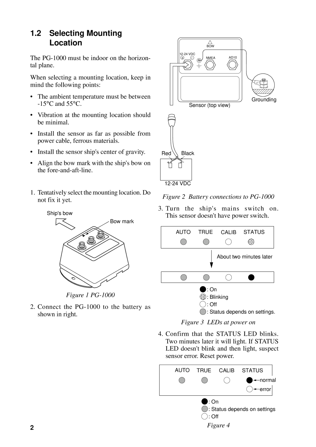 Furuno manual Selecting Mounting Location, Connect the PG-1000 to the battery as shown in right 