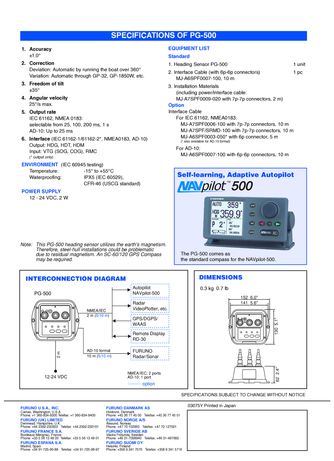 Furuno PG-500 manual Interconnection Diagram, Dimensions, Standard, Option 