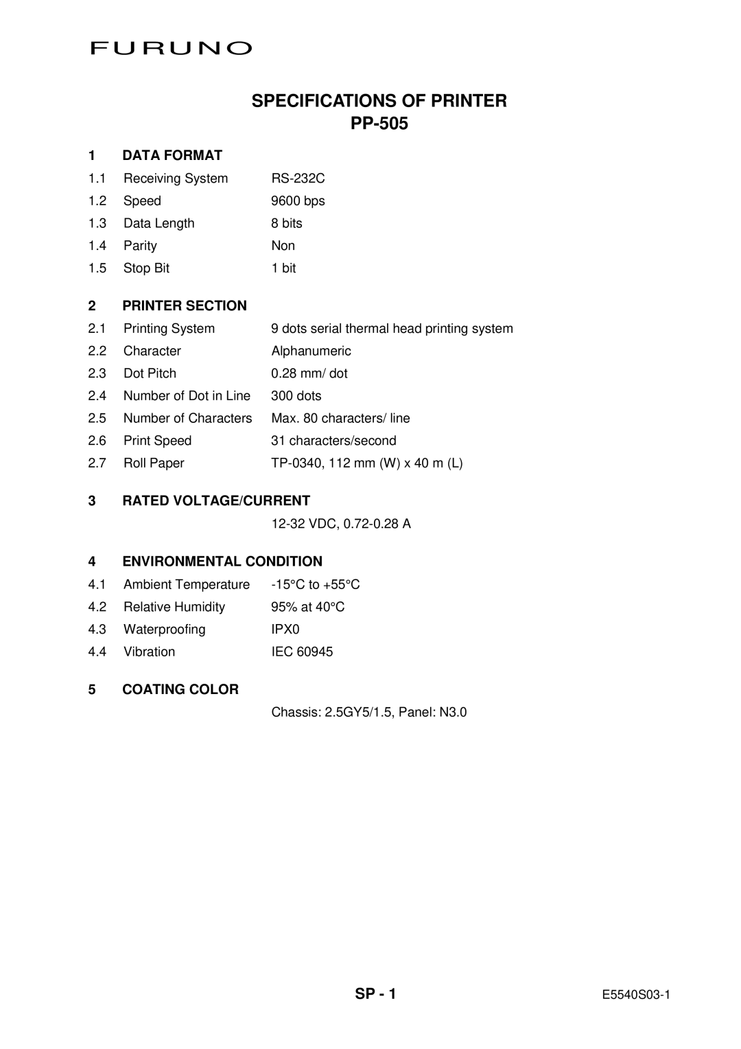 Furuno PP-505 manual Furuno Specifications of Printer 