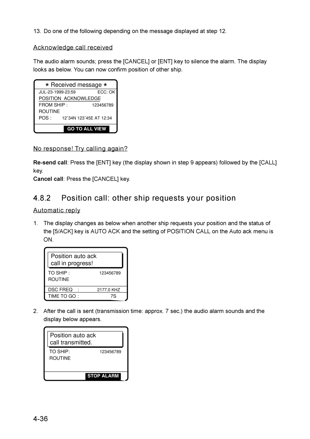 Furuno RC-1500-1T manual Position call other ship requests your position, Acknowledge call received 