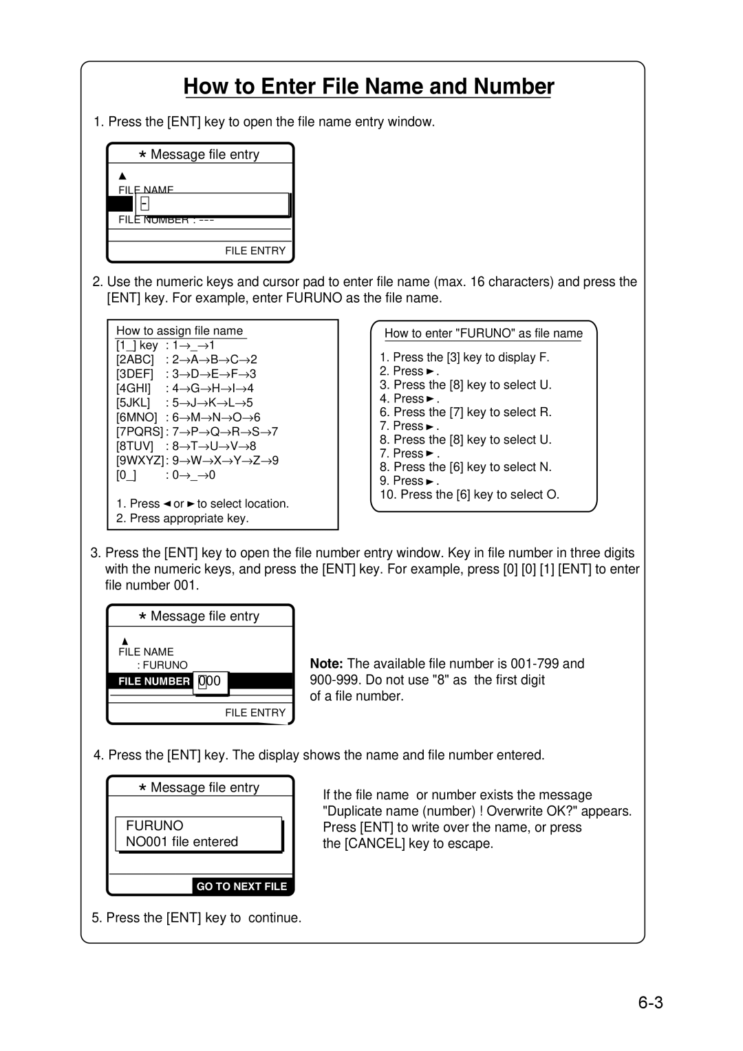 Furuno RC-1500-1T manual How to Enter File Name and Number 