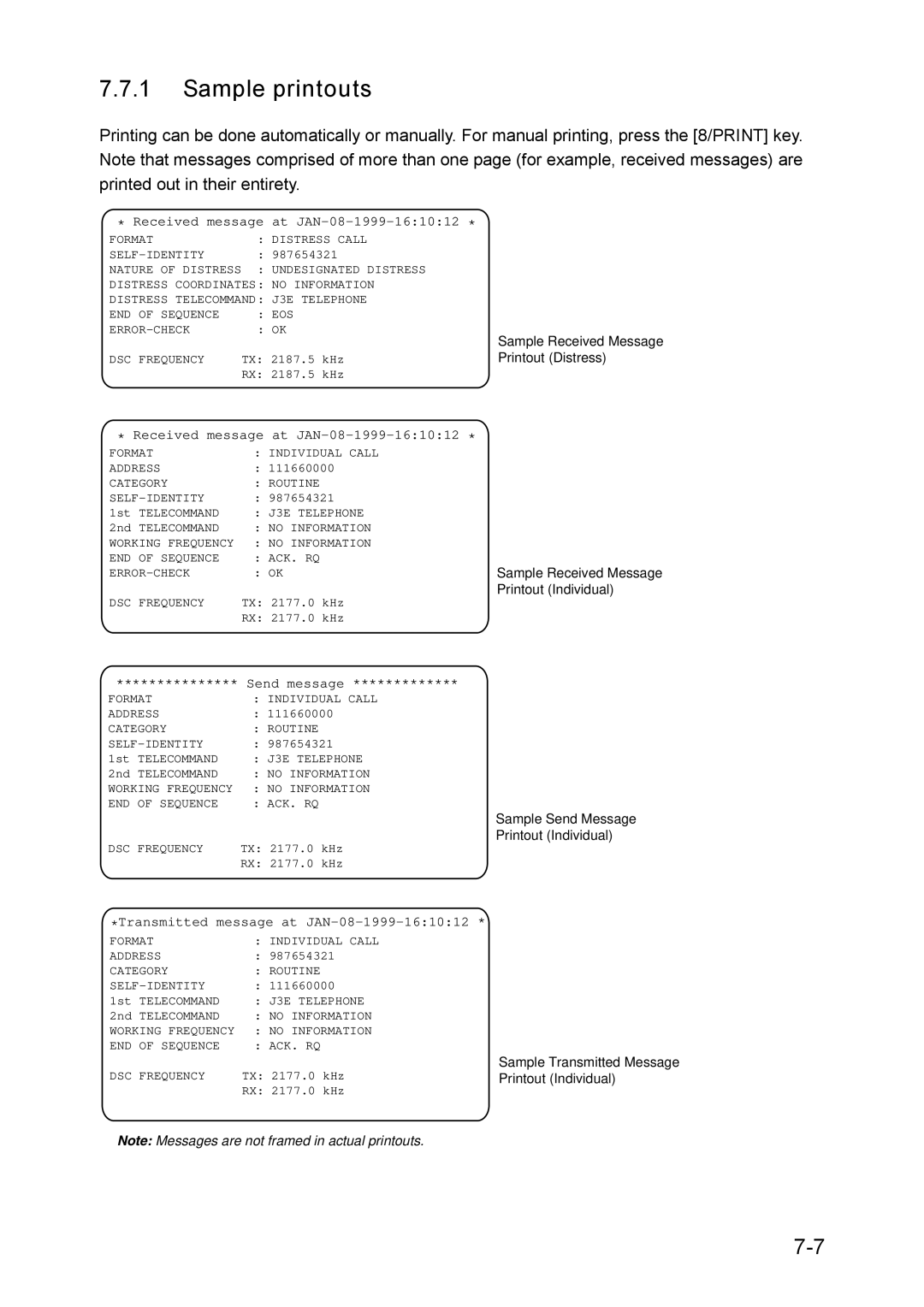 Furuno RC-1500-1T manual Sample printouts, Received message at JAN-08-1999-161012 