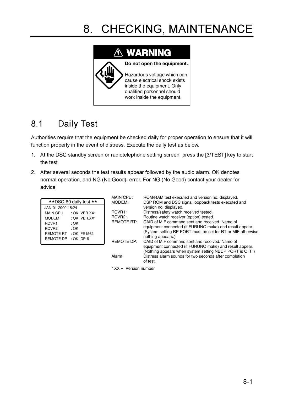 Furuno RC-1500-1T manual CHECKING, Maintenance, Daily Test 