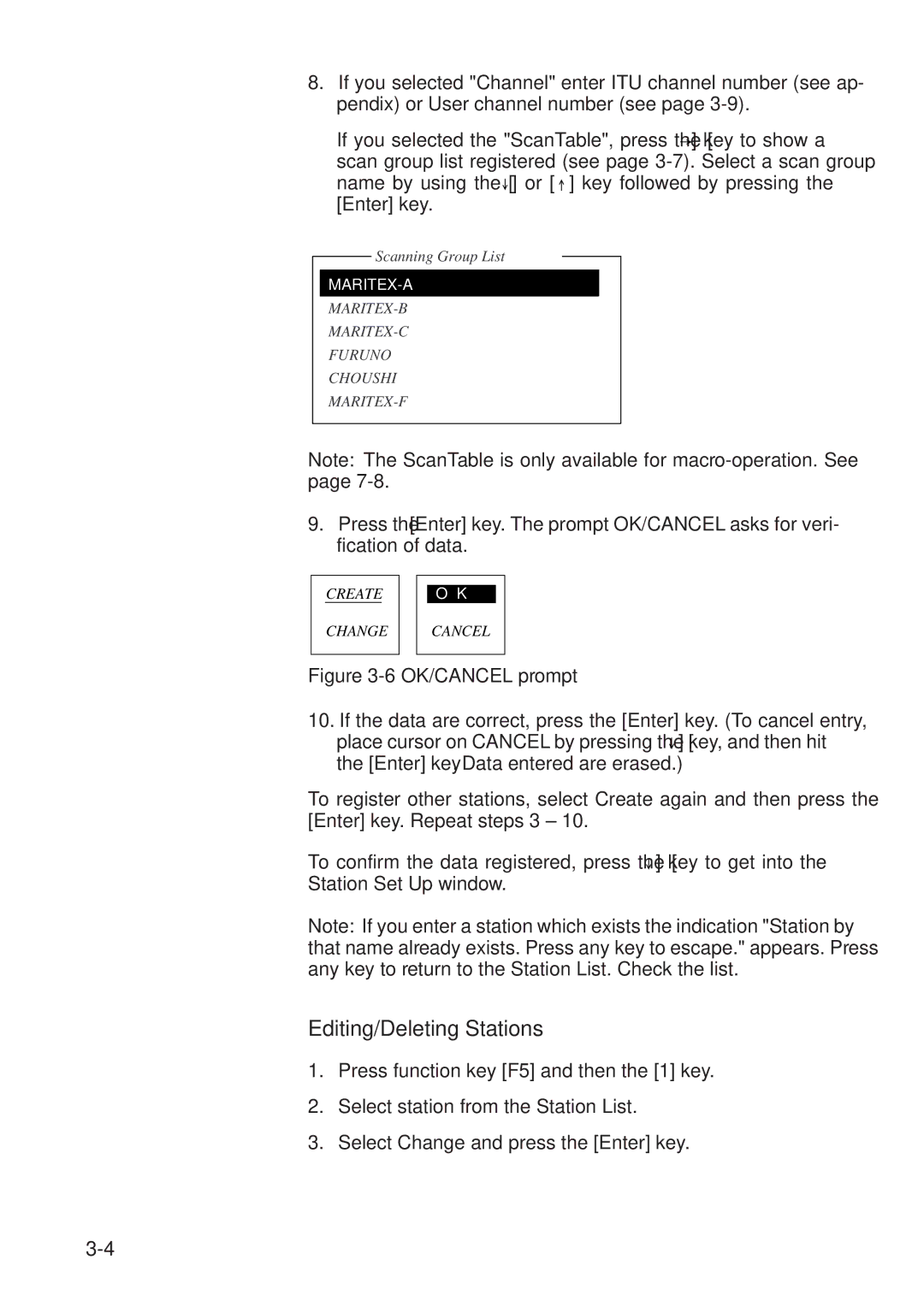 Furuno RC-1500-1T manual Editing/Deleting Stations, OK/CANCEL prompt 