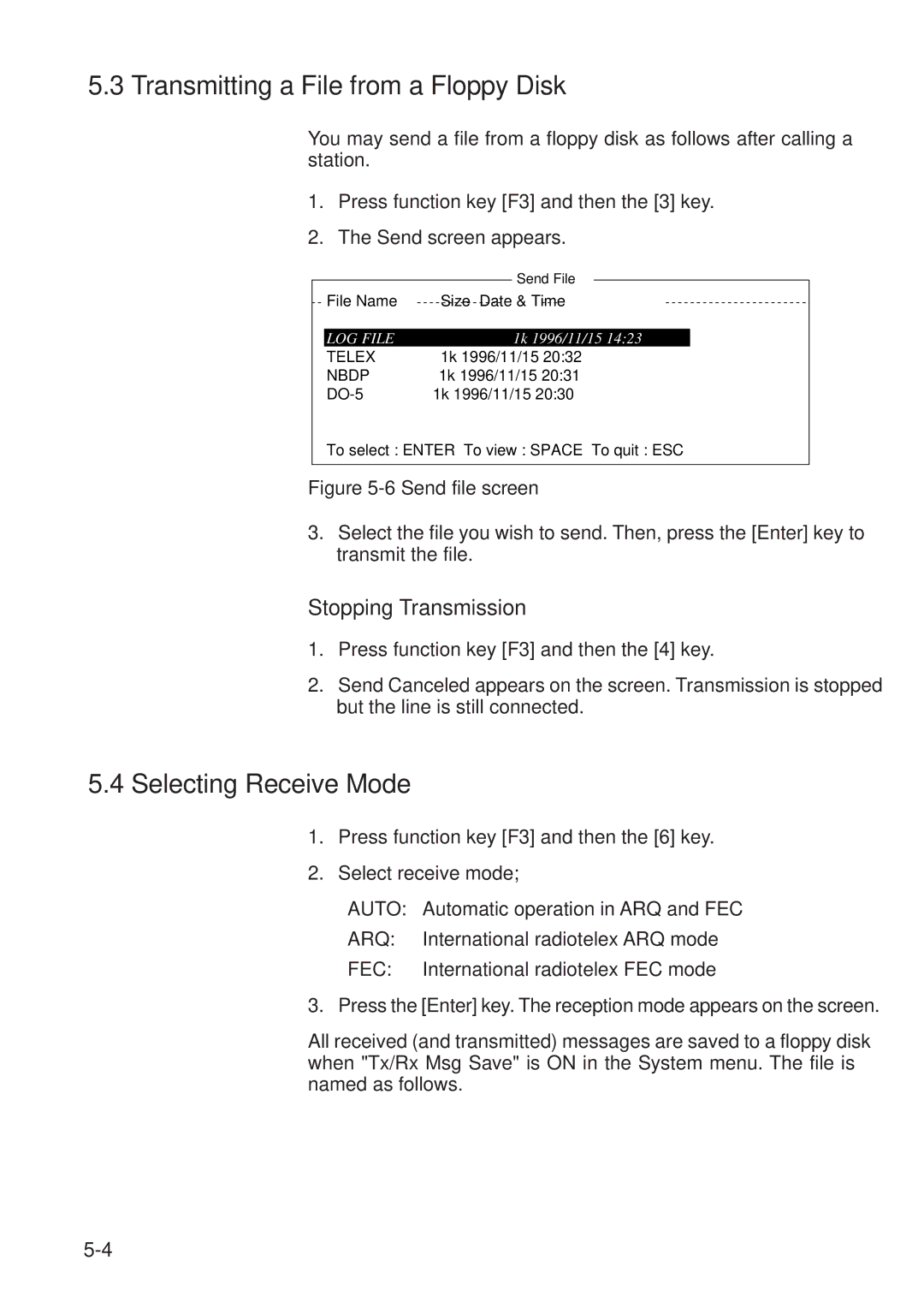 Furuno RC-1500-1T manual Transmitting a File from a Floppy Disk, Selecting Receive Mode, Stopping Transmission 
