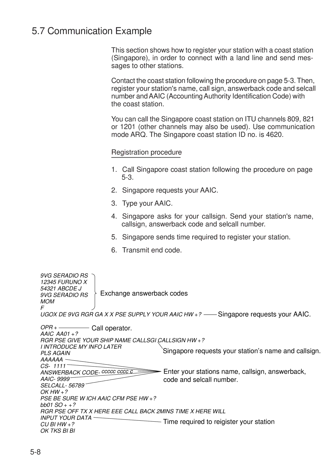 Furuno RC-1500-1T manual Communication Example, Registration procedure 