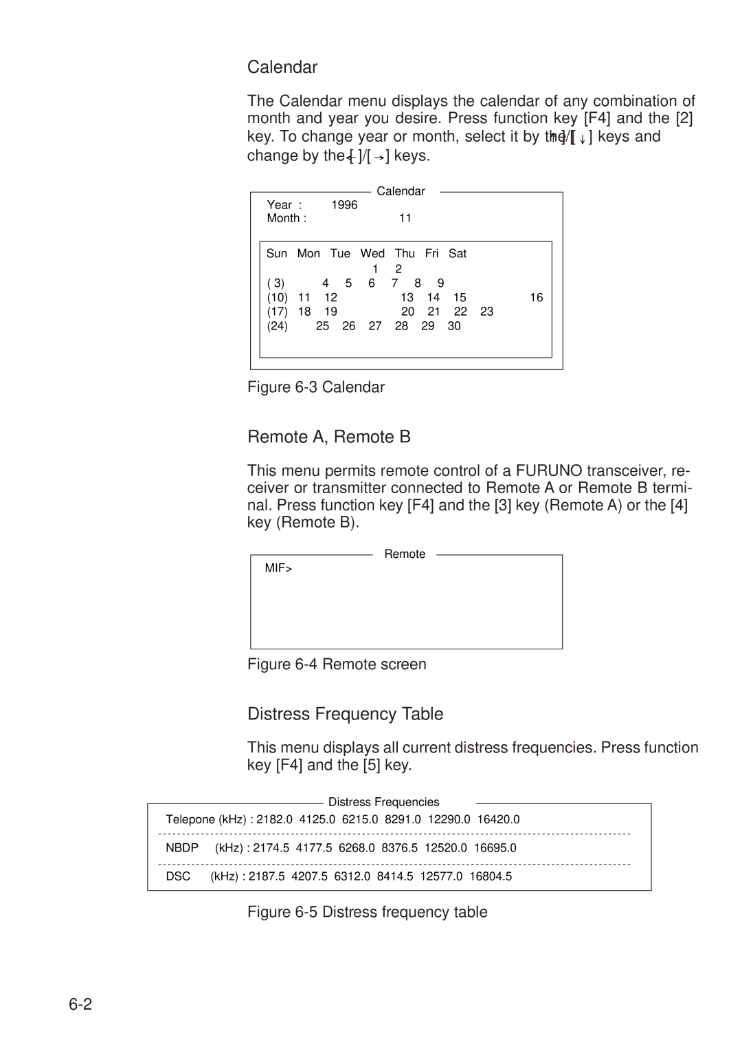 Furuno RC-1500-1T manual Calendar, Remote A, Remote B, Distress Frequency Table 