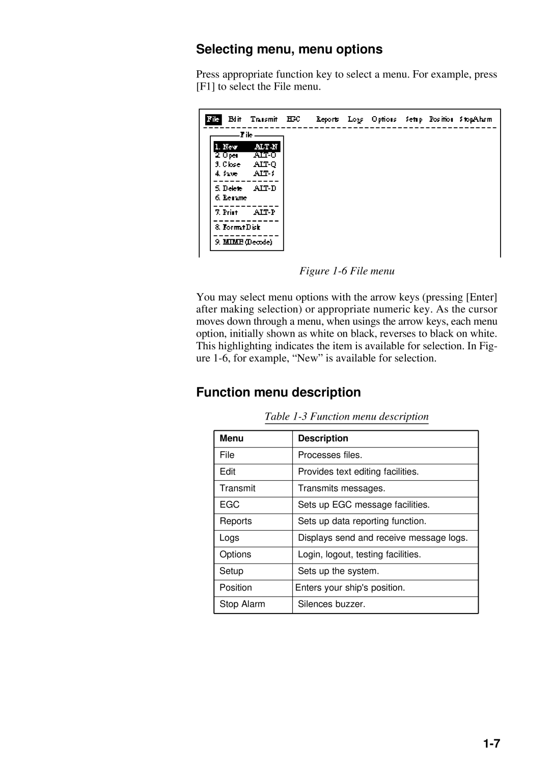 Furuno RC-1500-1T manual Selecting menu, menu options, Function menu description 