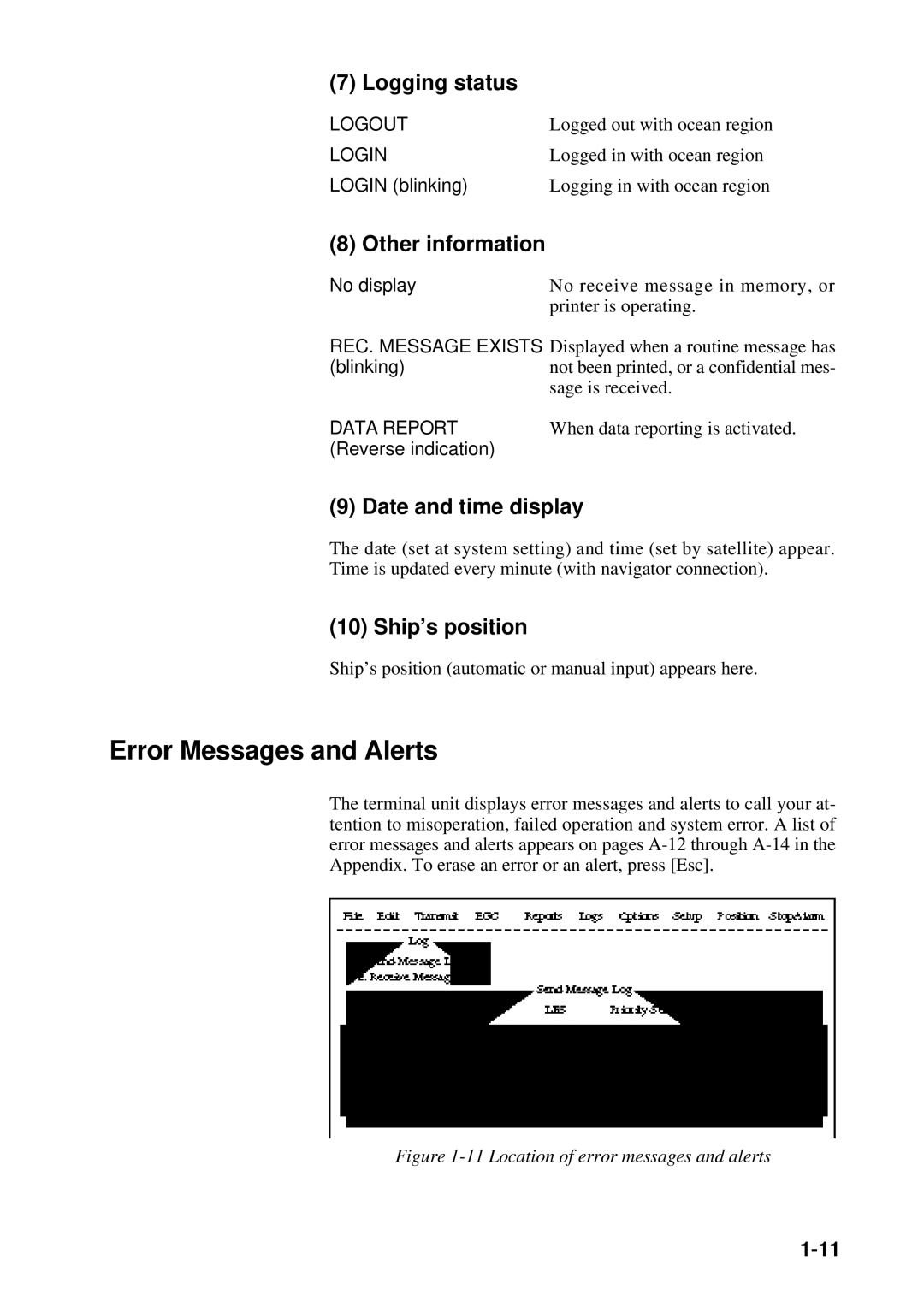 Furuno RC-1500-1T Error Messages and Alerts, Logging status, Other information, Date and time display, Ship’s position 