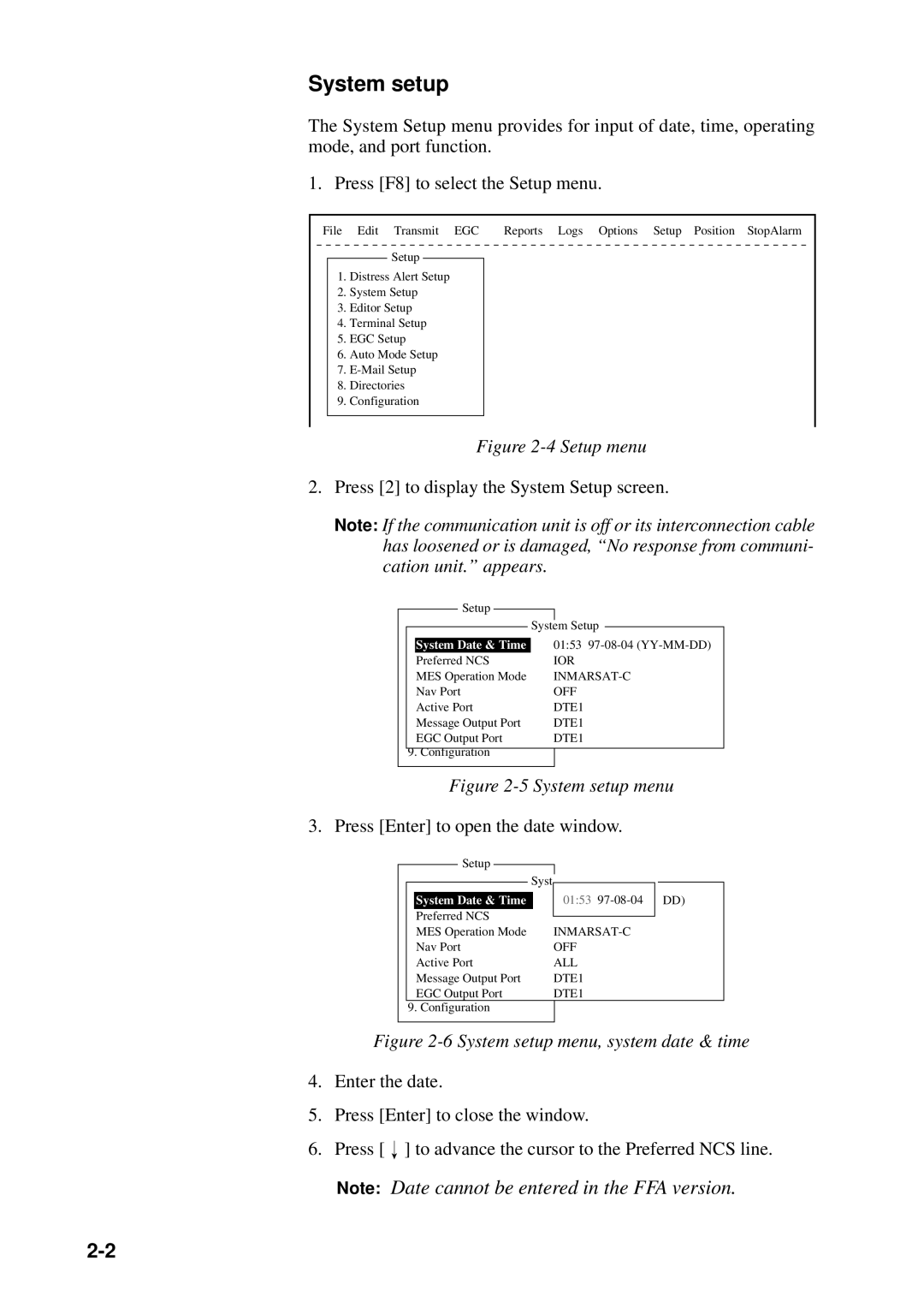 Furuno RC-1500-1T manual System setup, Press 2 to display the System Setup screen 