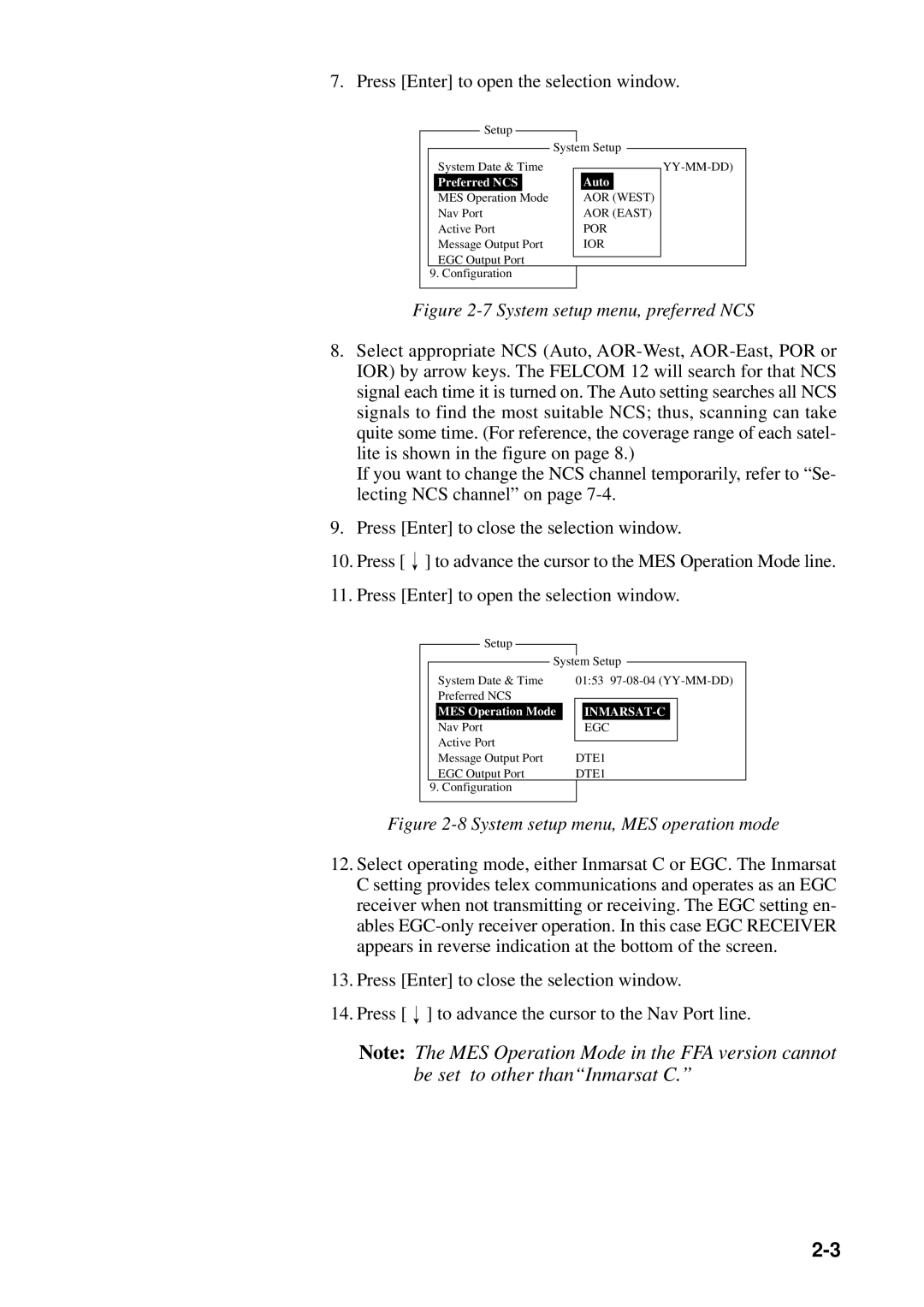 Furuno RC-1500-1T manual System setup menu, preferred NCS 