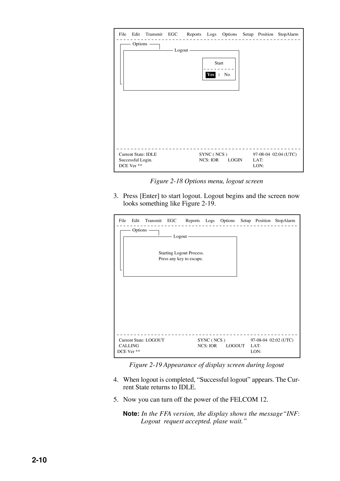 Furuno RC-1500-1T manual Options menu, logout screen 