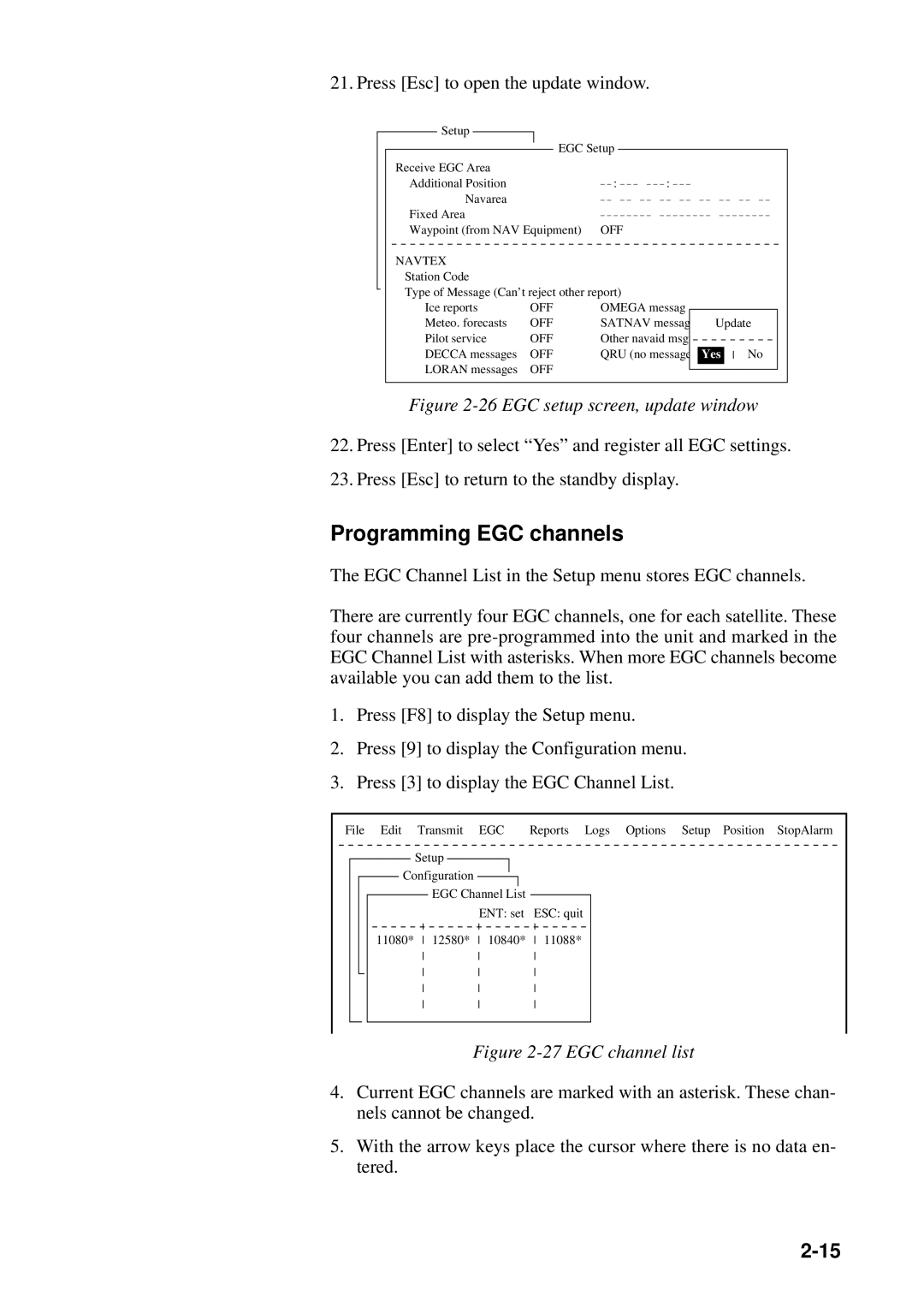 Furuno RC-1500-1T manual Programming EGC channels, EGC setup screen, update window 