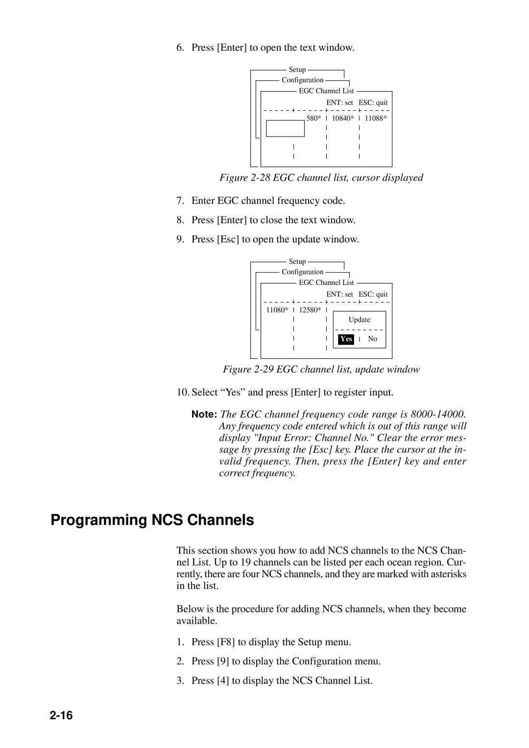 Furuno RC-1500-1T manual Programming NCS Channels, EGC channel list, cursor displayed 