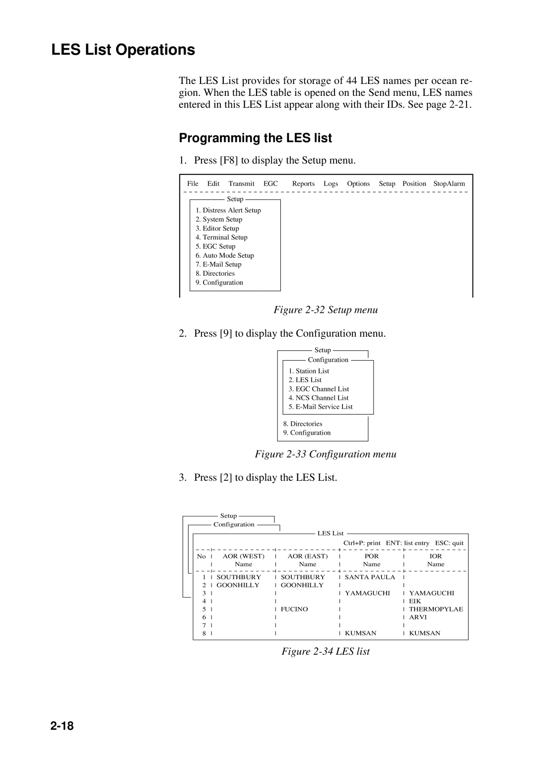 Furuno RC-1500-1T manual LES List Operations, Programming the LES list 