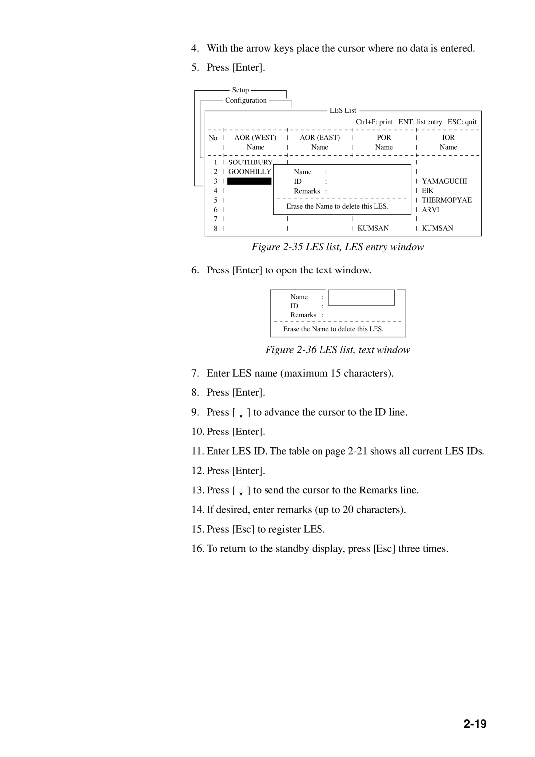 Furuno RC-1500-1T manual LES list, LES entry window 