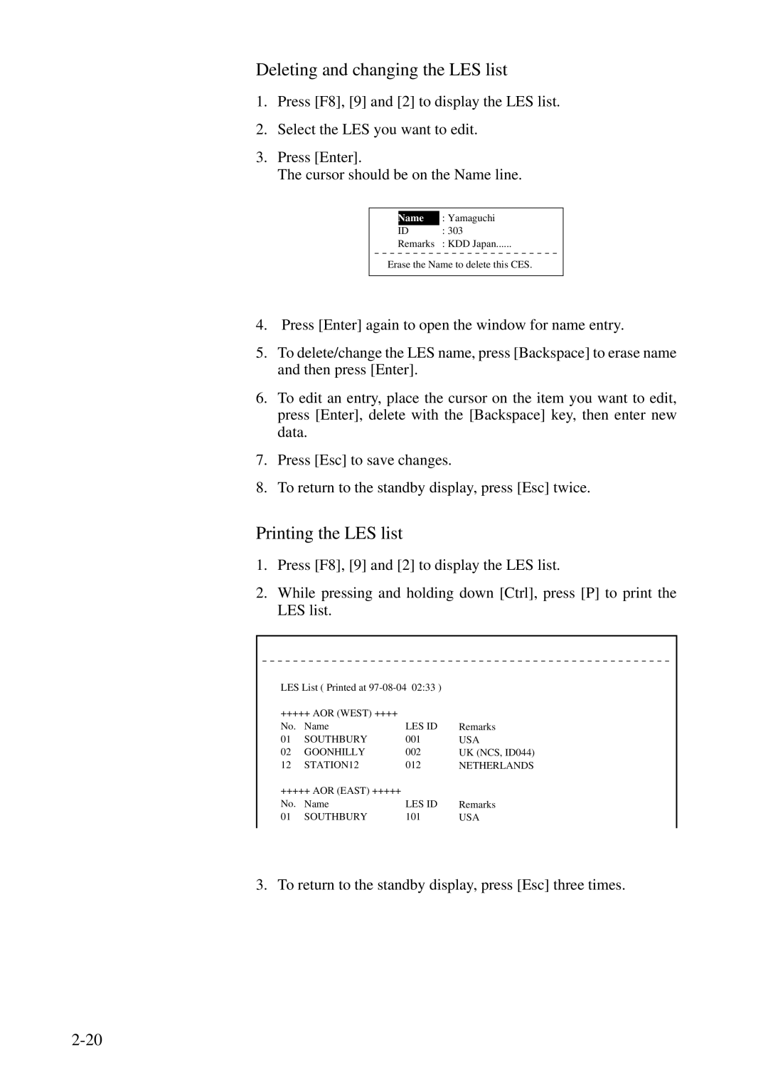 Furuno RC-1500-1T manual Deleting and changing the LES list, Printing the LES list 