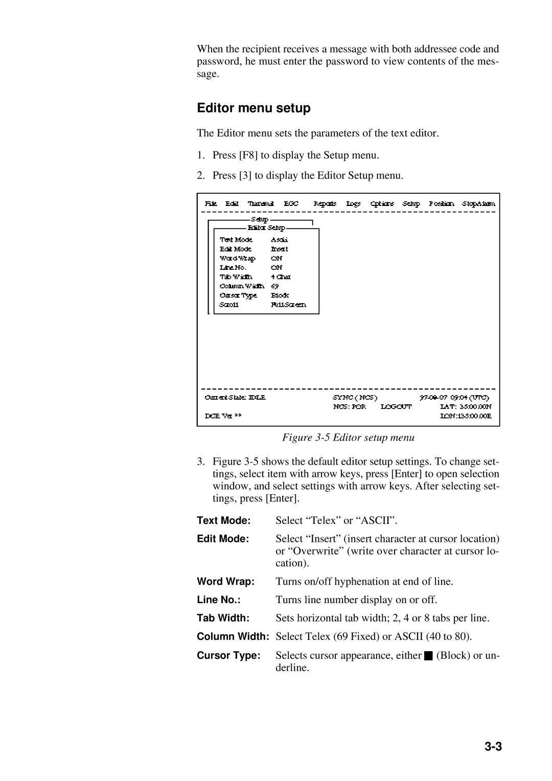 Furuno RC-1500-1T manual Editor menu setup, Editor setup menu 