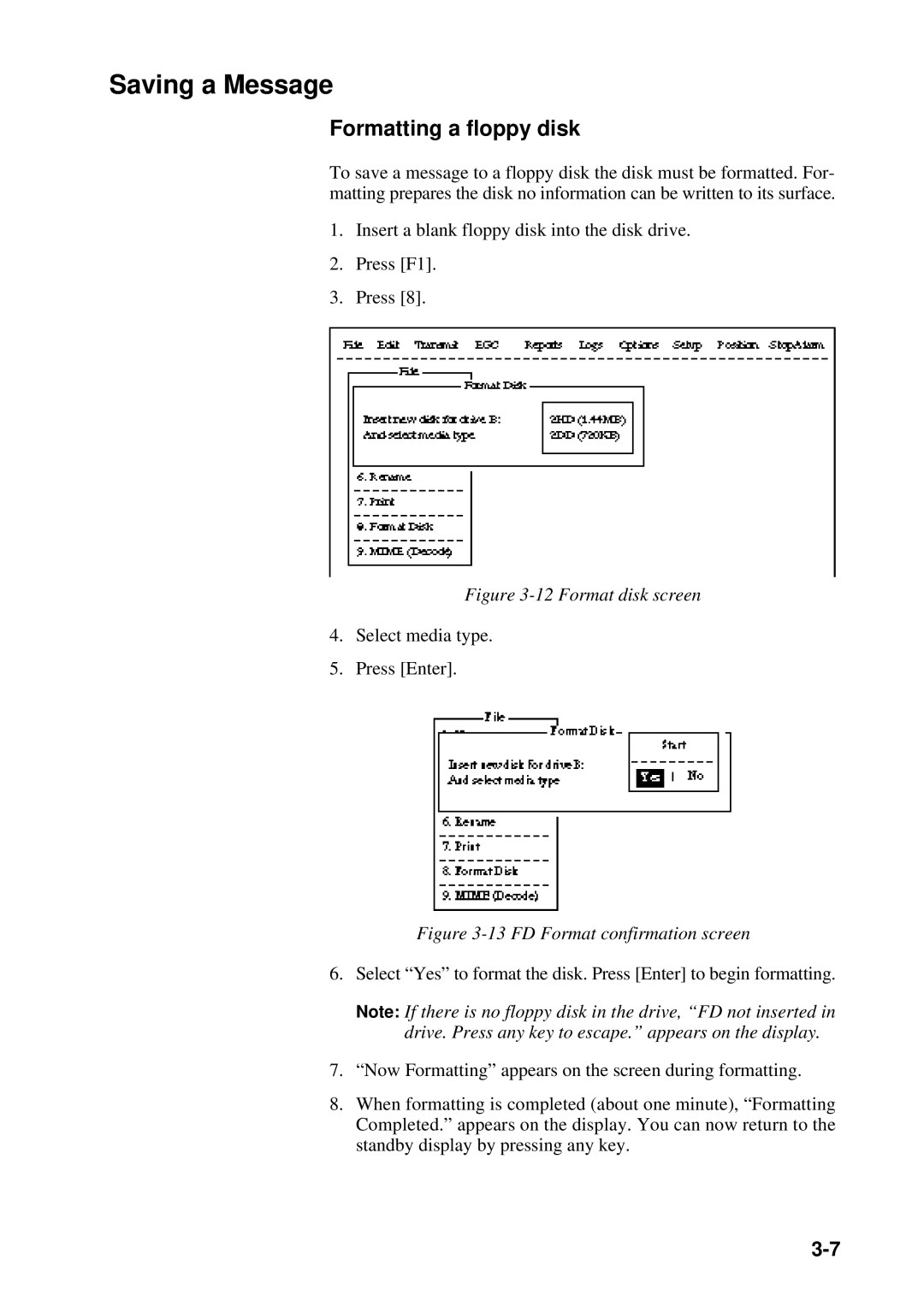 Furuno RC-1500-1T manual Saving a Message, Formatting a floppy disk 