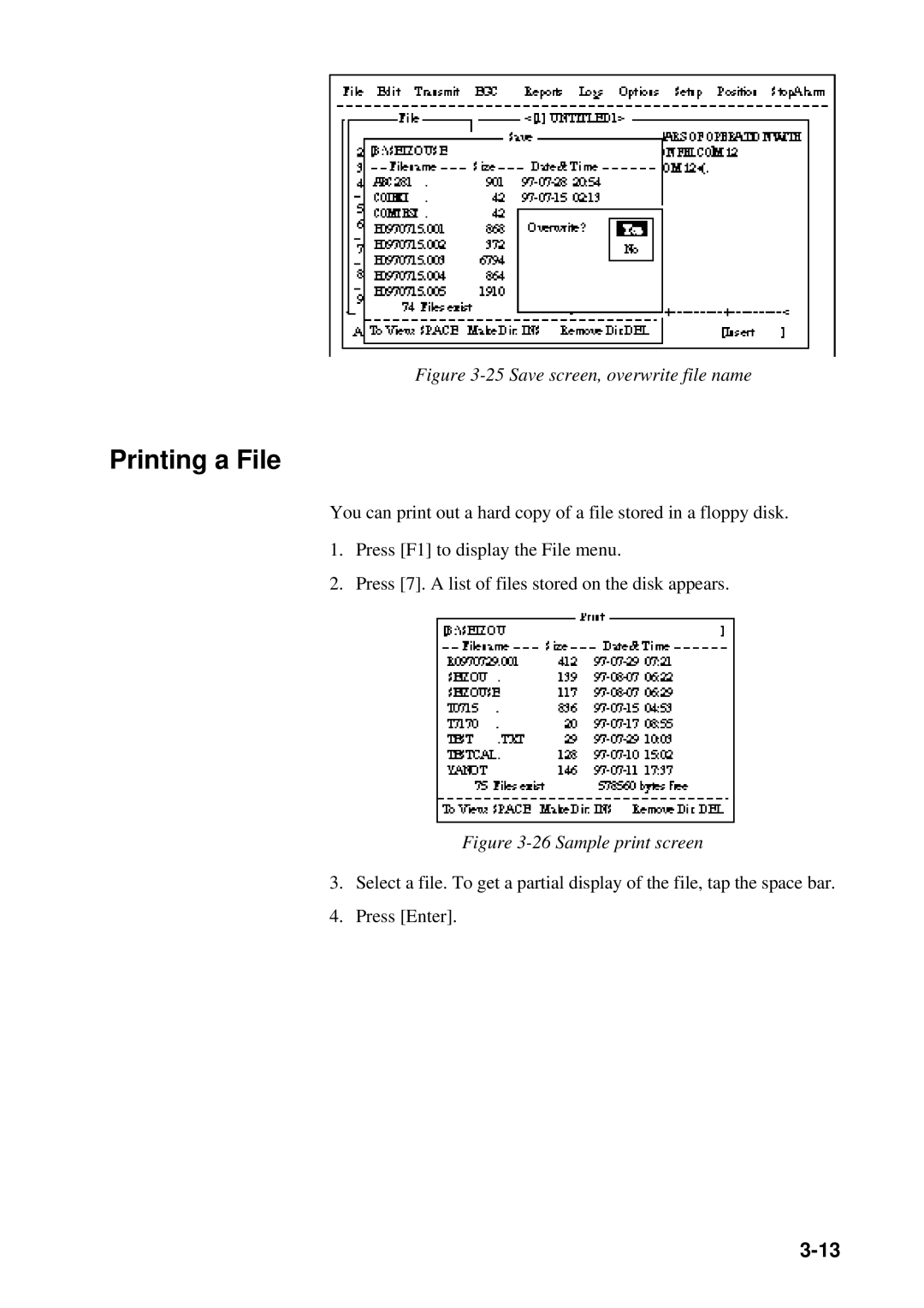 Furuno RC-1500-1T manual Printing a File, Save screen, overwrite file name 