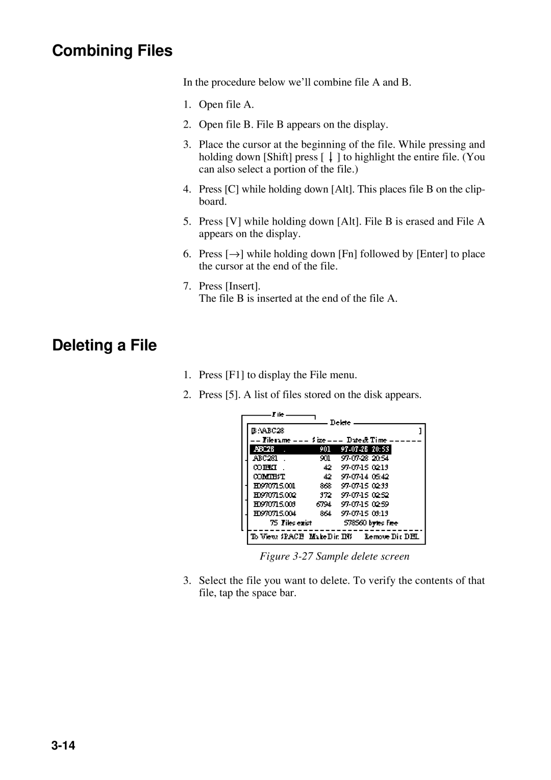 Furuno RC-1500-1T manual Combining Files, Deleting a File 