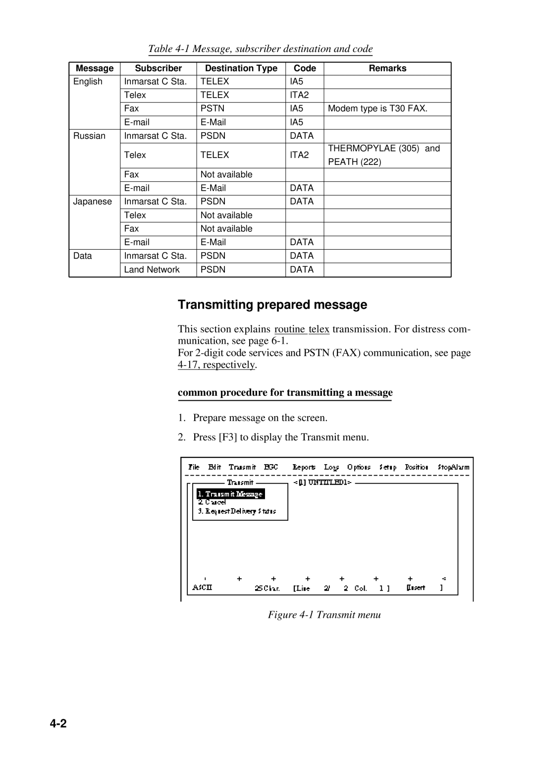 Furuno RC-1500-1T manual Transmitting prepared message, Message, subscriber destination and code 