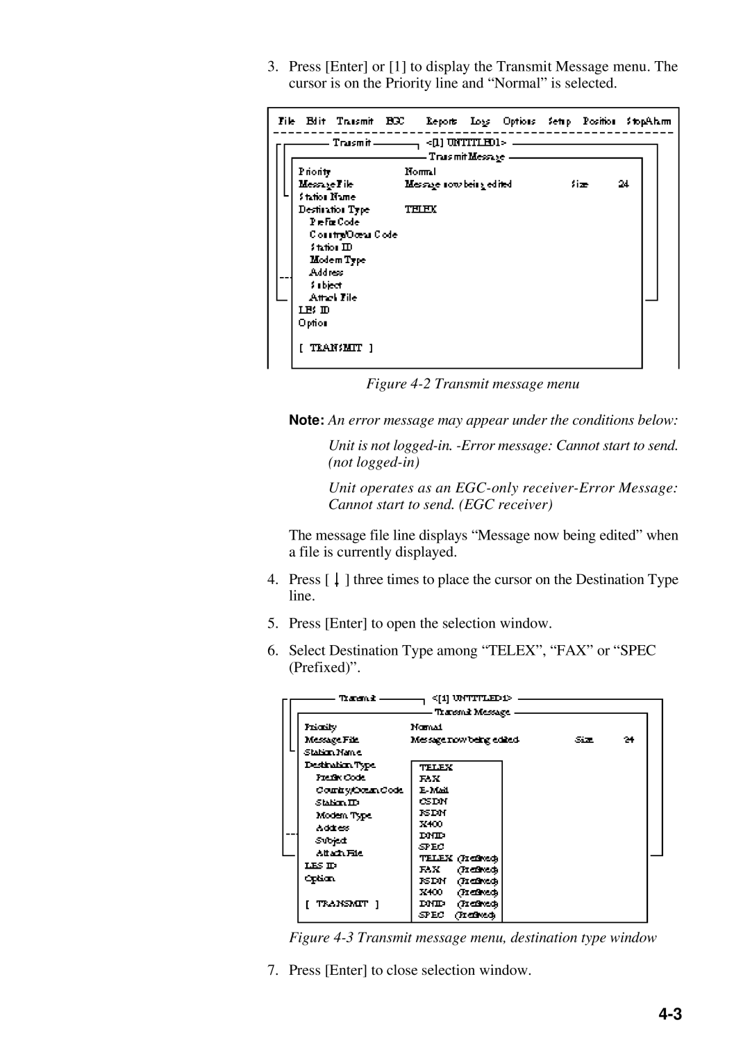 Furuno RC-1500-1T manual Transmit message menu, destination type window 