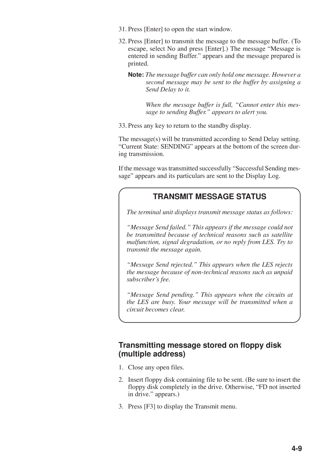 Furuno RC-1500-1T manual Transmit Message Status, Transmitting message stored on floppy disk multiple address 