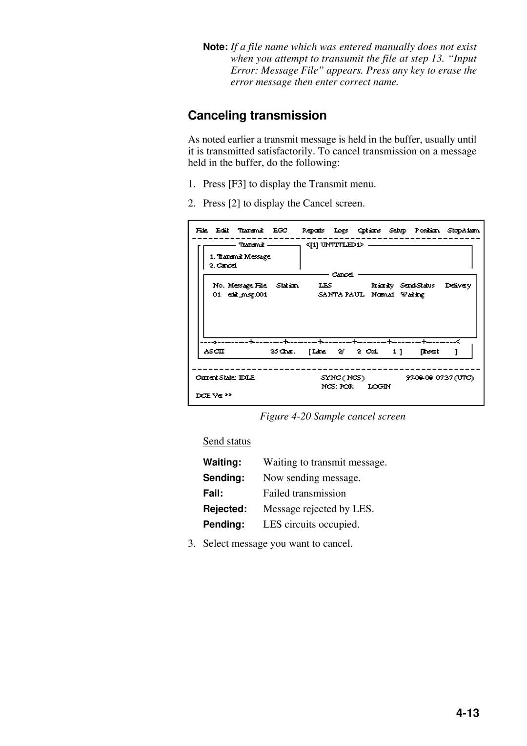 Furuno RC-1500-1T manual Canceling transmission, Sample cancel screen 