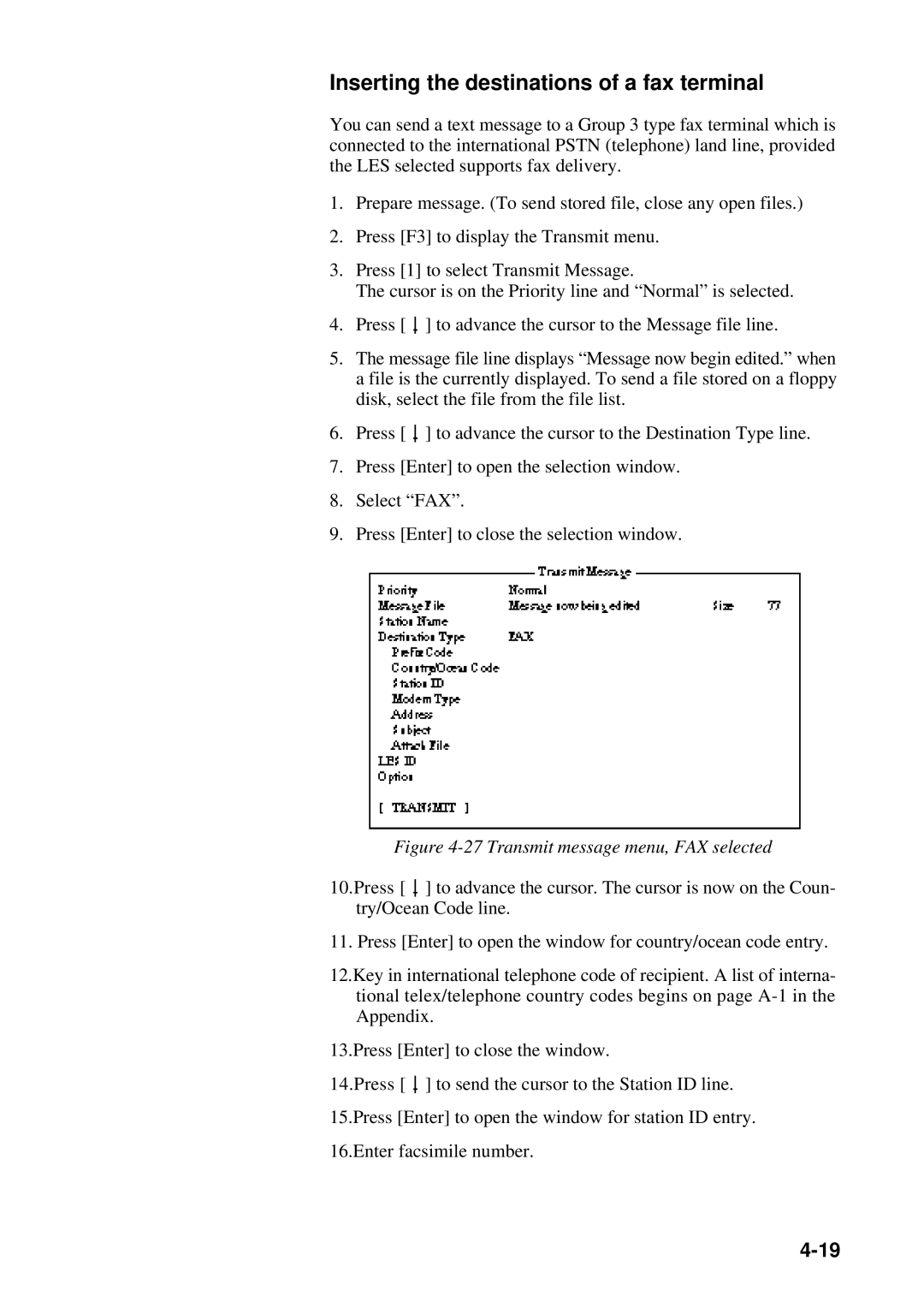 Furuno RC-1500-1T manual Inserting the destinations of a fax terminal, Transmit message menu, FAX selected 