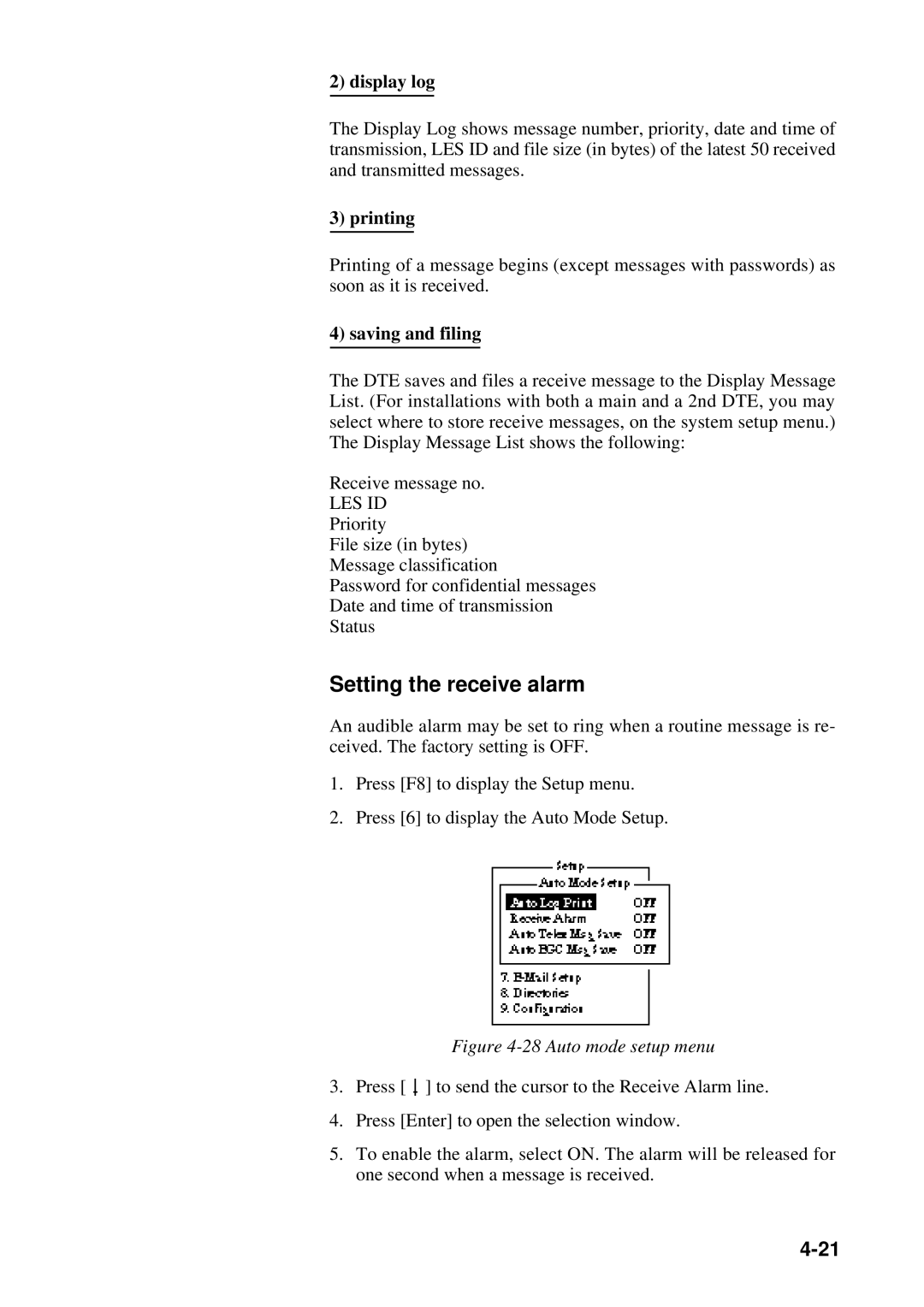 Furuno RC-1500-1T manual Setting the receive alarm, Display log 