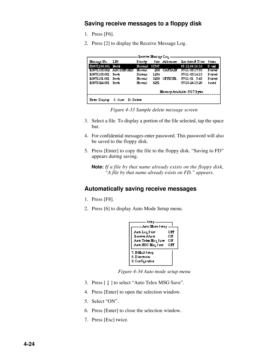 Furuno RC-1500-1T manual Saving receive messages to a floppy disk, Automatically saving receive messages 