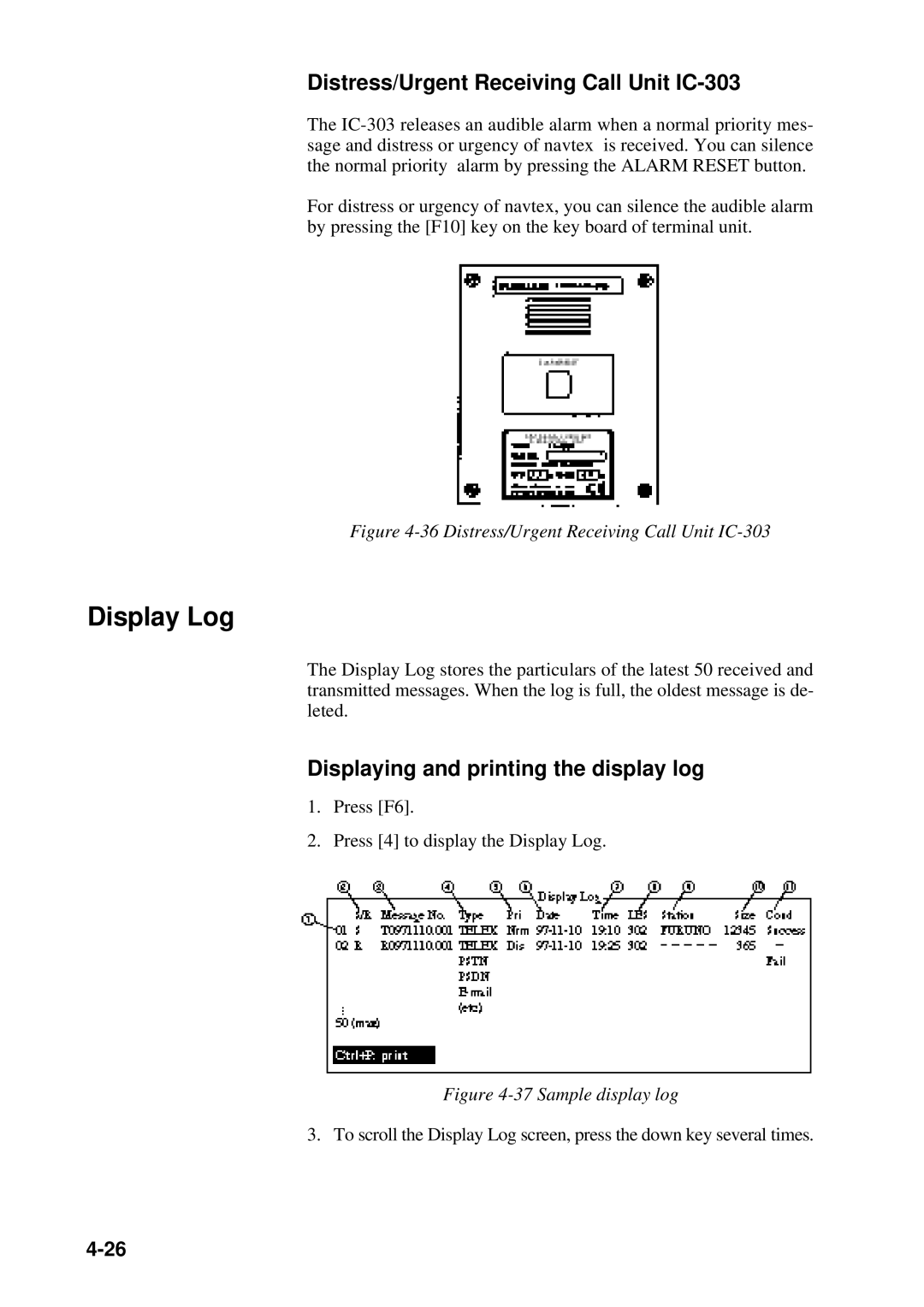 Furuno RC-1500-1T manual Display Log, Distress/Urgent Receiving Call Unit IC-303, Displaying and printing the display log 