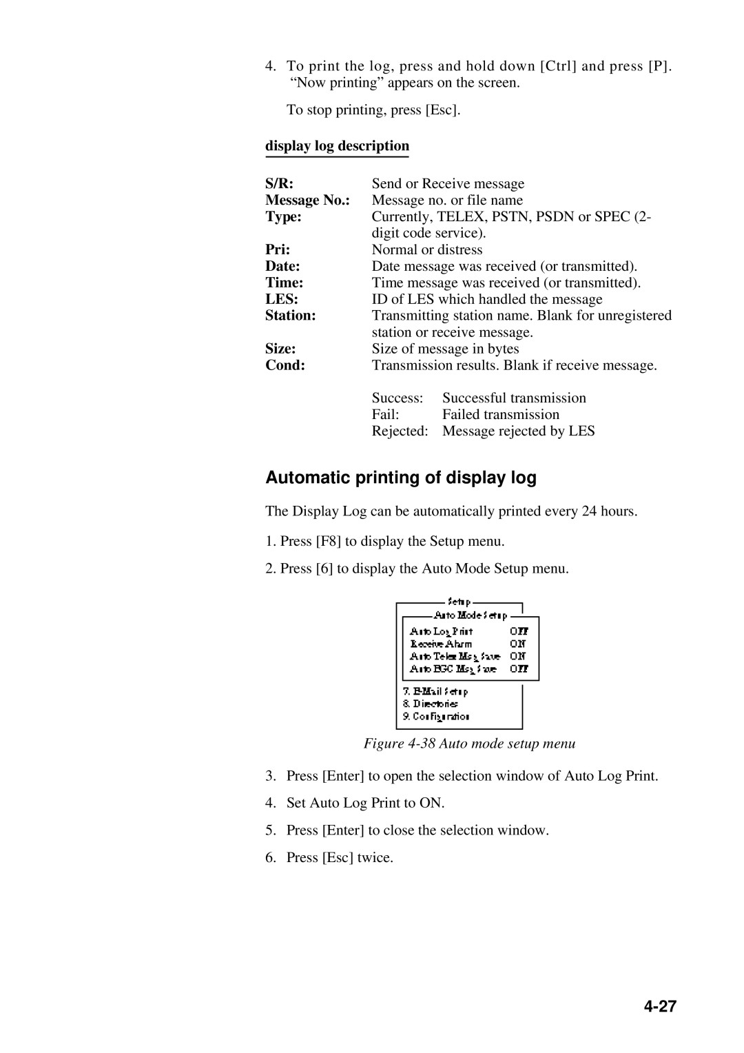 Furuno RC-1500-1T manual Automatic printing of display log, Display log description 