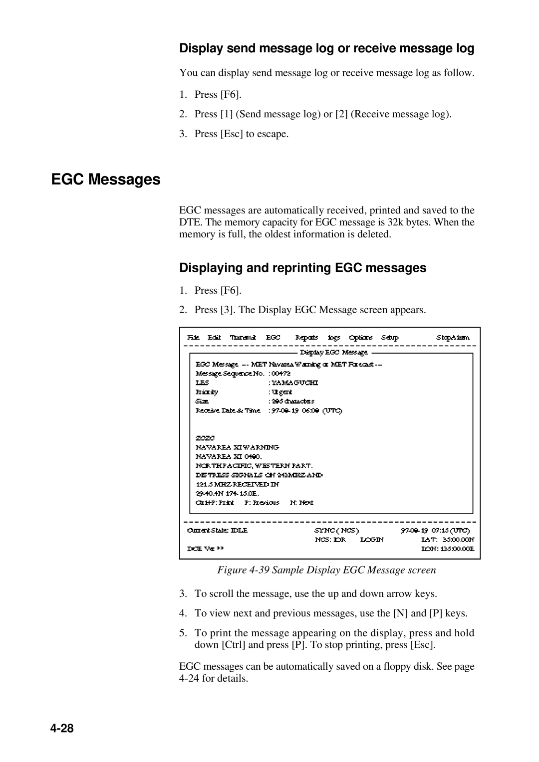 Furuno RC-1500-1T EGC Messages, Display send message log or receive message log, Displaying and reprinting EGC messages 