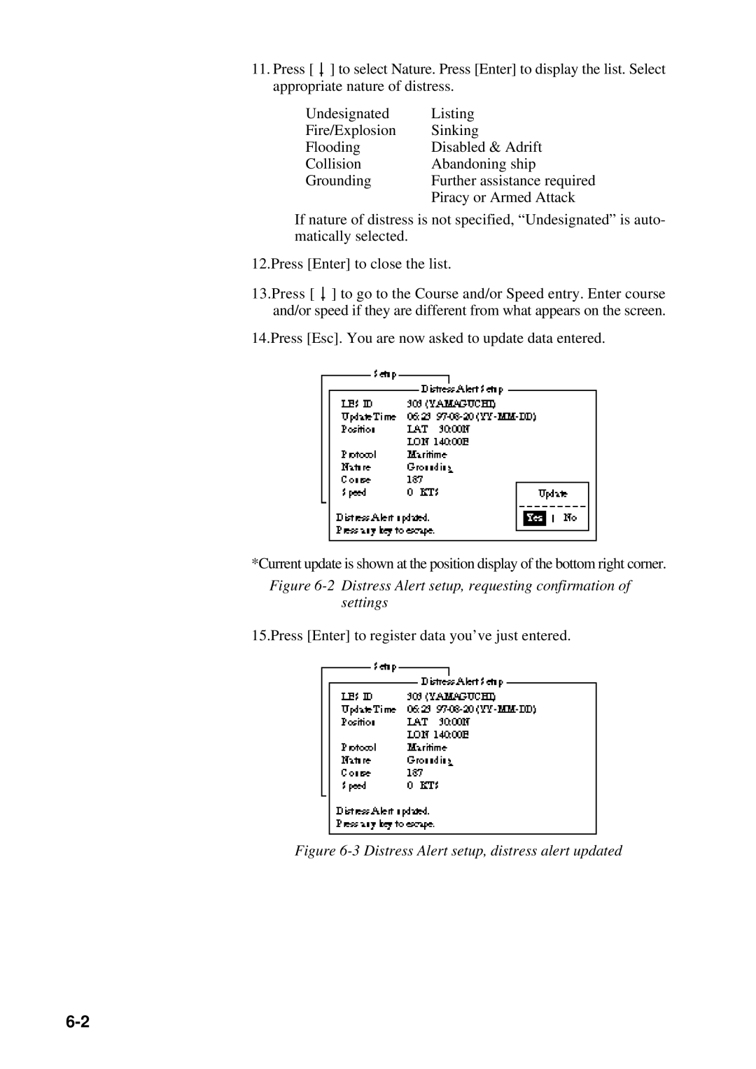 Furuno RC-1500-1T manual Distress Alert setup, requesting confirmation of settings 