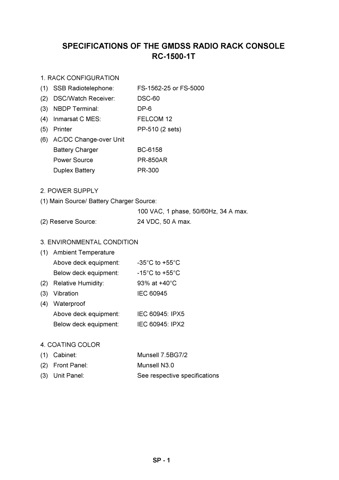 Furuno RC-1500-1T manual Specifications of the Gmdss Radio Rack Console 